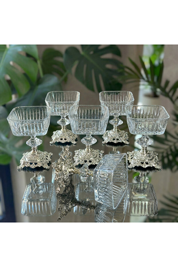 6 Pieces Metal Leg Silver Detailed Magnolia-Bowl-Ice Cream Bowl-Sugar Bowl-Presentation Bowl