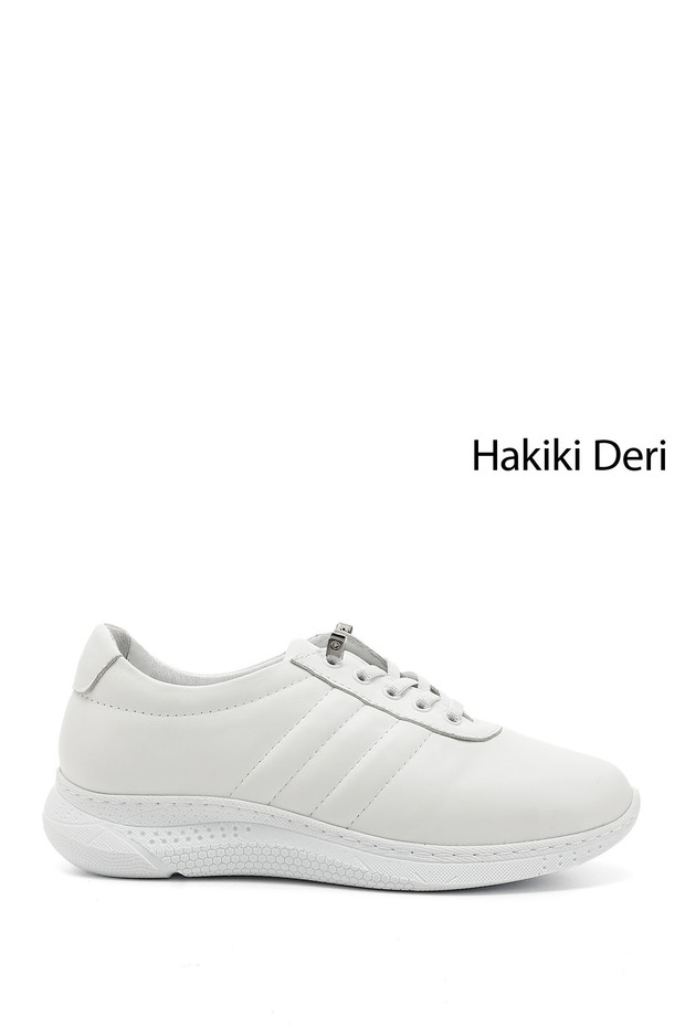 Women's White Lace-Up Padded Sole Genuine Leather Sneakers