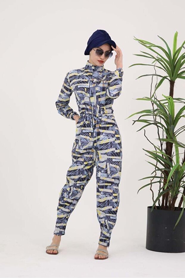 Blue Pattern Design Hijab Parachute Fabric Jumpsuit Swimsuit