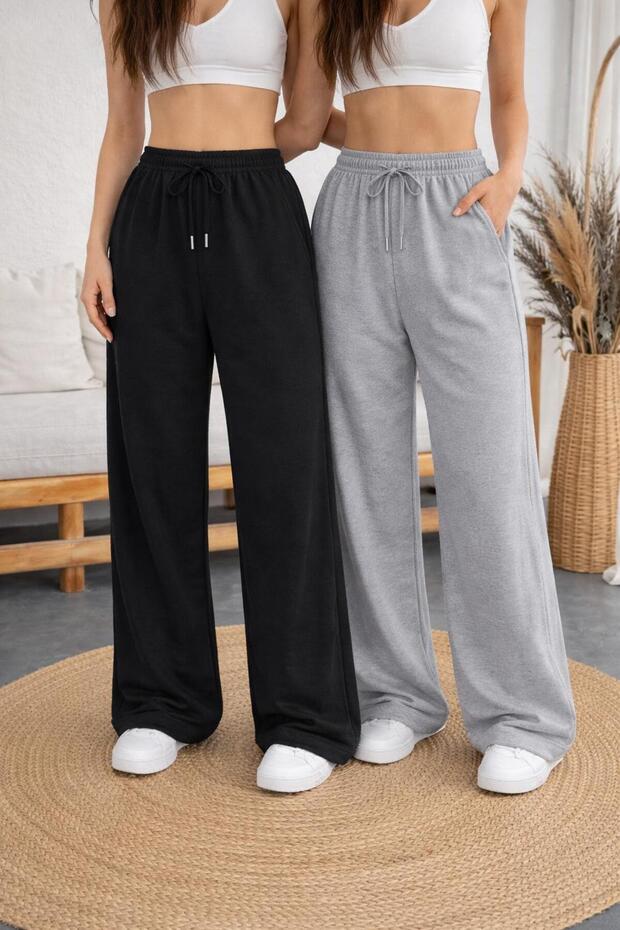 Two Pieces Black Gray Straight Leg Loose Fit Sweatpants Vv7777