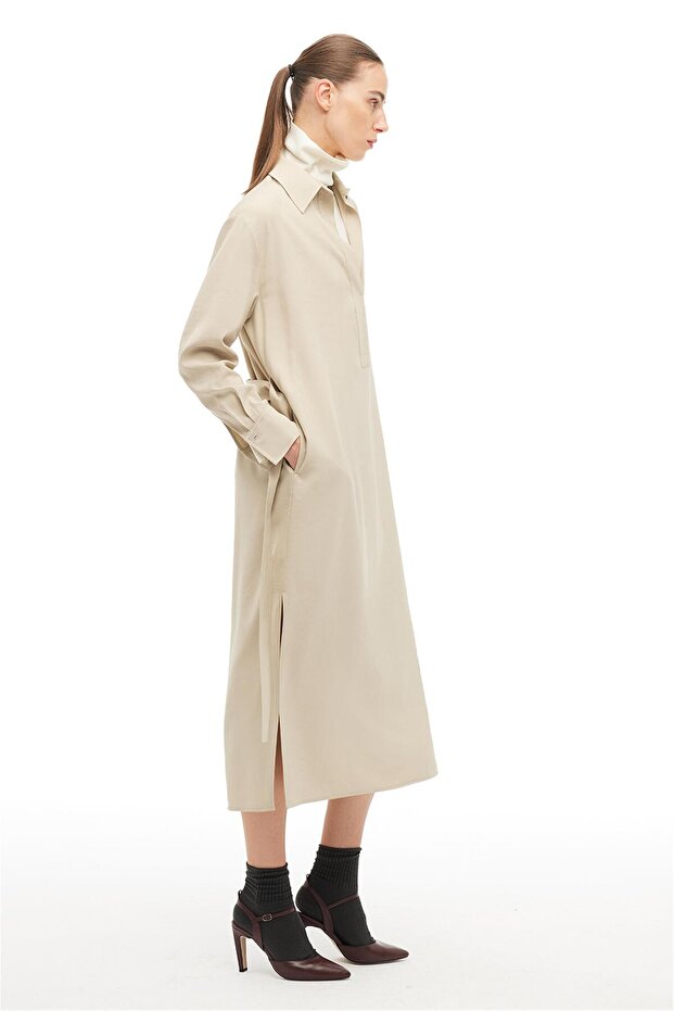 Bej Gömlek Yaka Midi Elbise - 3