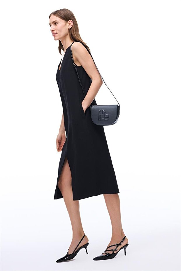 Siyah V-Yaka Midi Elbise - 2