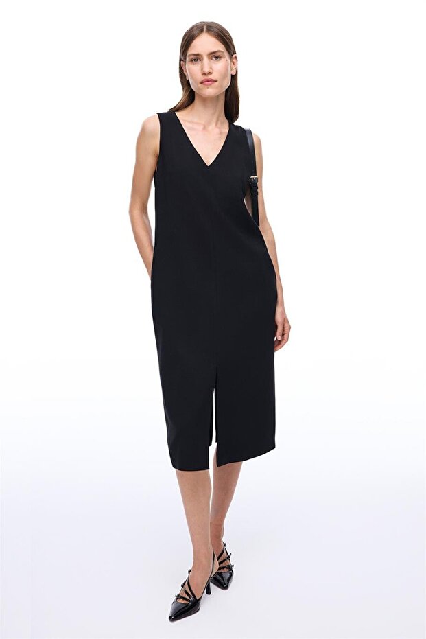 Siyah V-Yaka Midi Elbise - 1