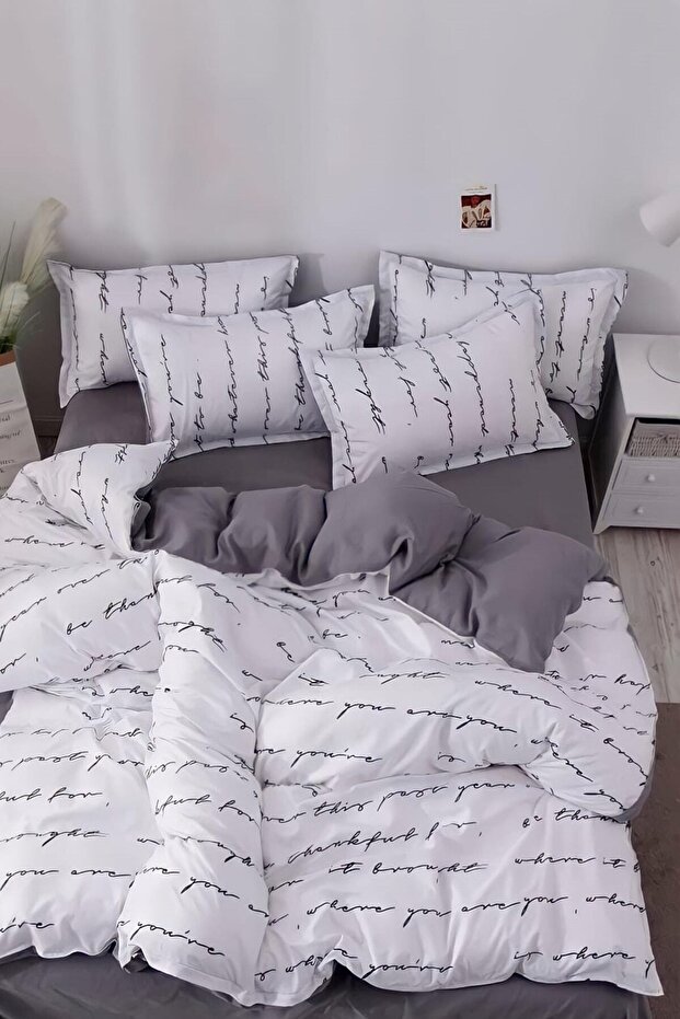 Double-Sided Double Duvet Cover Set with Elastic Sheet Letter