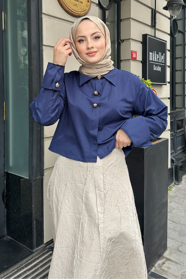 قميص بثلاثة أزرار - أزرق داكن - 5