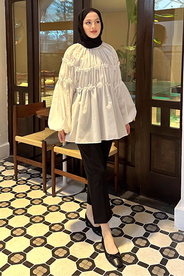 Mini Çiçekli Gömlek - Ekru - 5