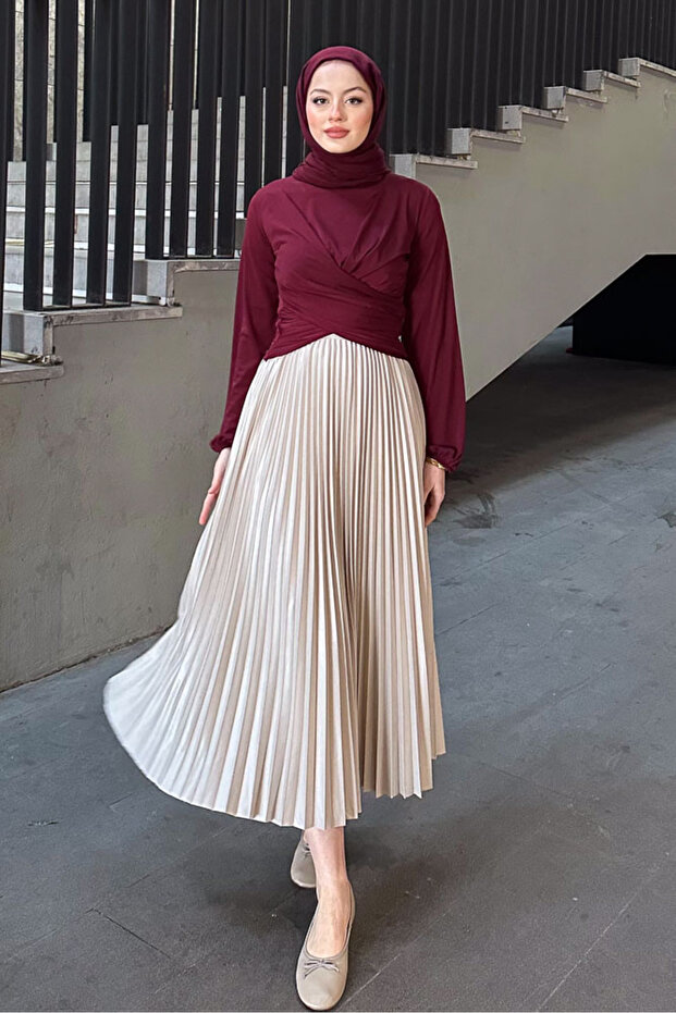 Çift Drapeli Bluz - Bordo - 4