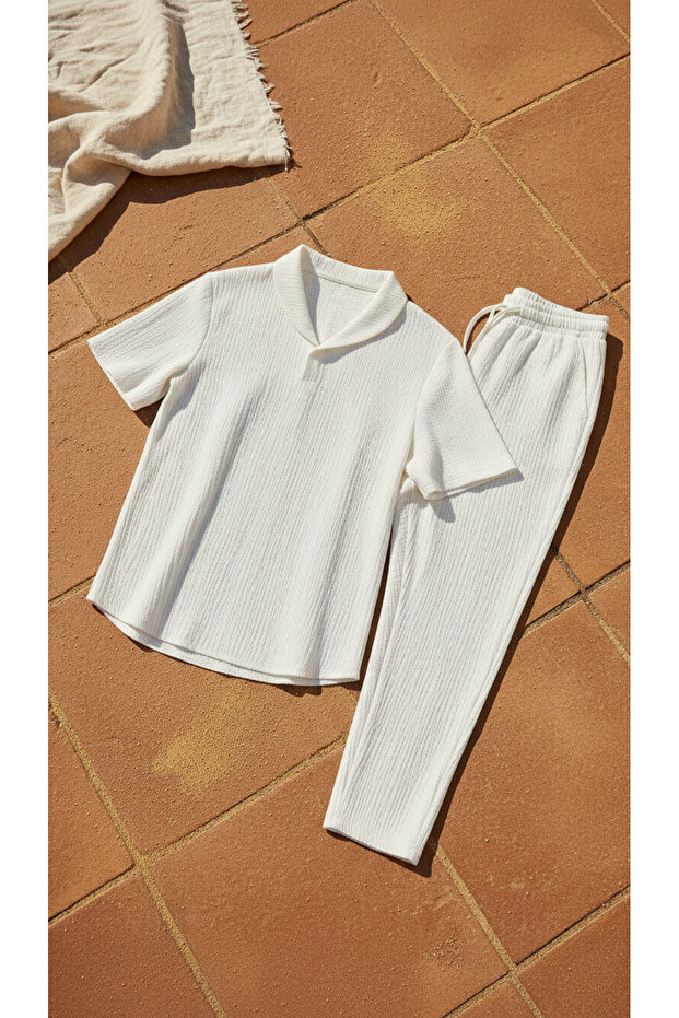 Bürümcük Crinkle T-Shirt Pants Set - White Regular Baby Collar