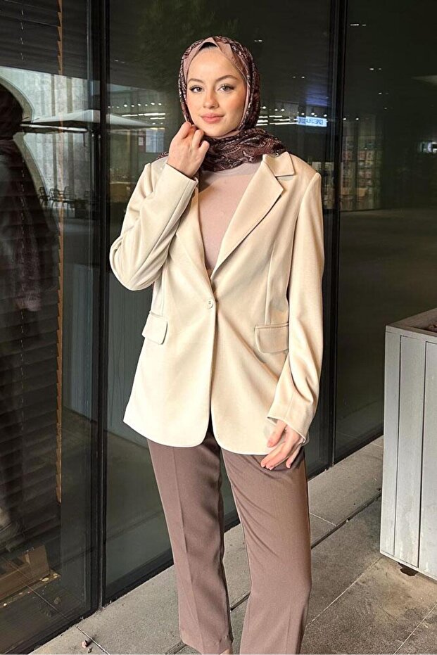 Beige Modal Single Button Jacket - 7