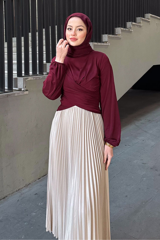 Çift Drapeli Bluz - Bordo - 3