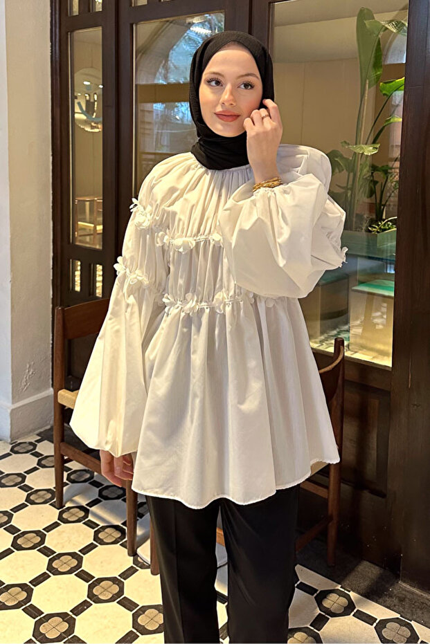 Mini Çiçekli Gömlek - Ekru - 7