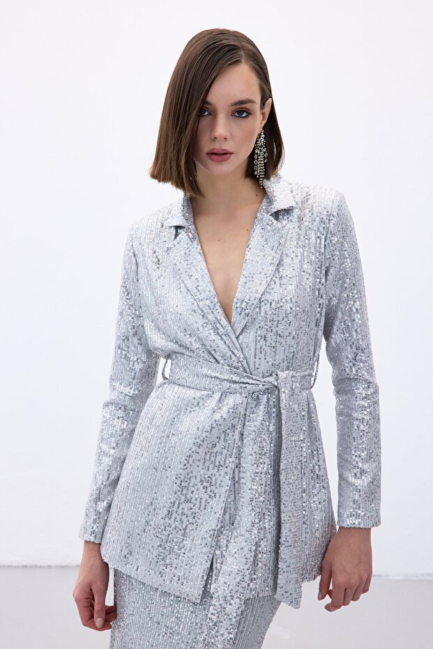 سترة مزينة بالترتر - فضي - 3