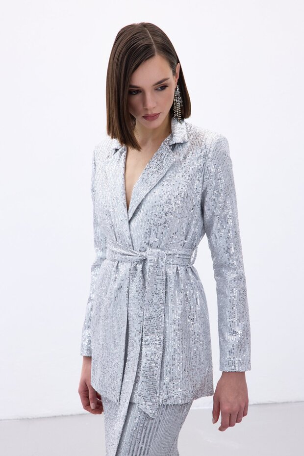 سترة مزينة بالترتر - فضي - 4