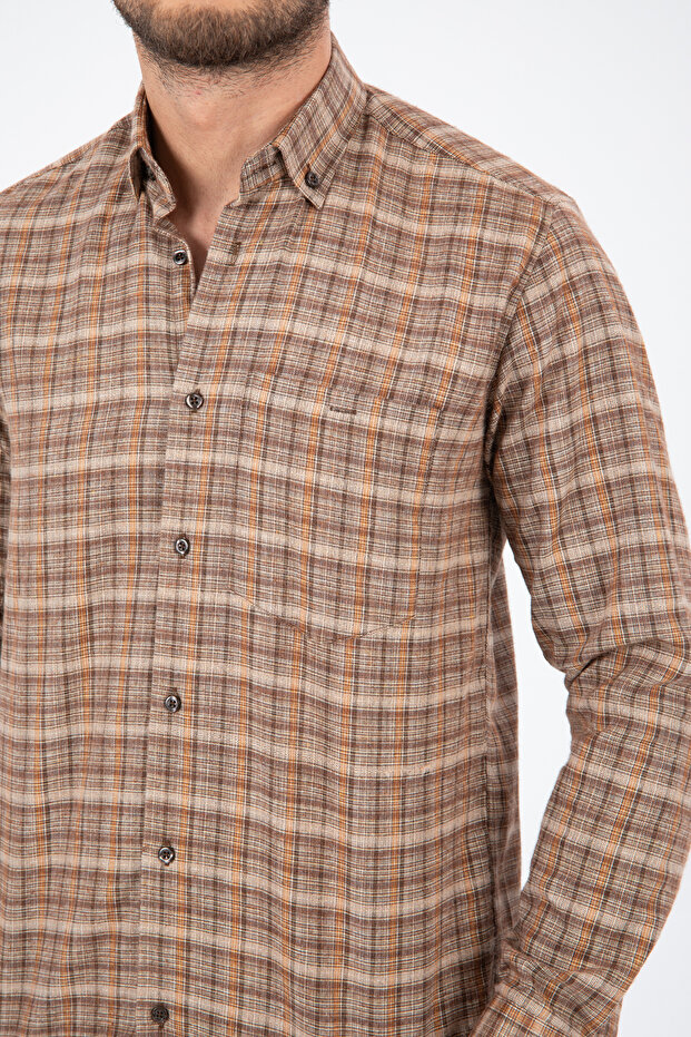 Men's Cinnamon Color Winter Shirt with Checkered Pockets, Collar Buttons, Classic Cut