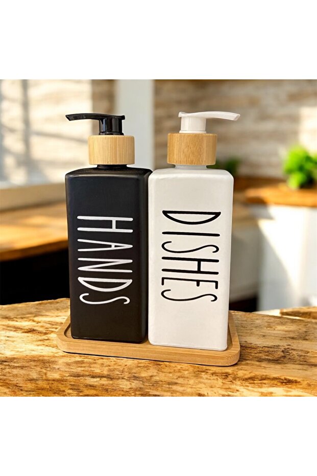 Hands & Dishes Liquid Soap Dispenser Set – with Wooden Lid | Stylish & Modern (Set of 2)