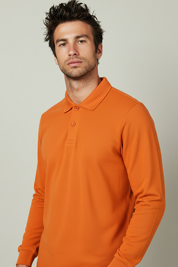 Cotton Lu Polo Collar Long Sleeve Orange School/Casual Sweatshirt