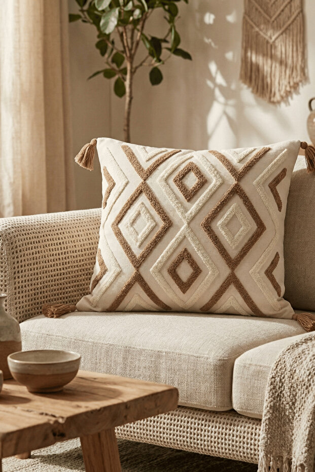 Destiva Home Renkli Etnik Punch Nakışlı Dekoratif Püsküllü Kırlent Kılıfı Pamuk 42x42 cm