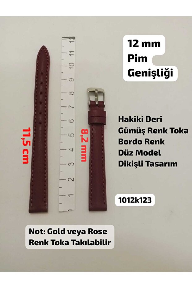 12 mm Compatible Watch Strap - Genuine Leather - Burgundy Color Flat Stitched Model - Silver Color Buckle, , (Second Item in the Cart Is 100 Tl.)