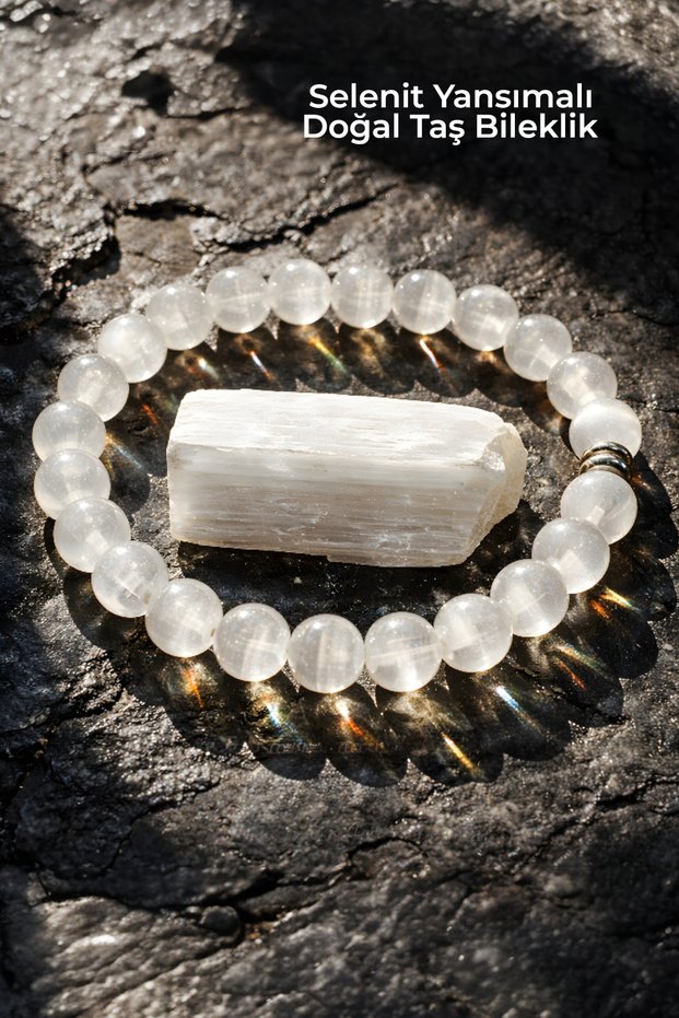Selenite Natural Stone Bracelet 8mm Very High Quality (100% Real) (Cleaning Aurai) (With Stone Gift)