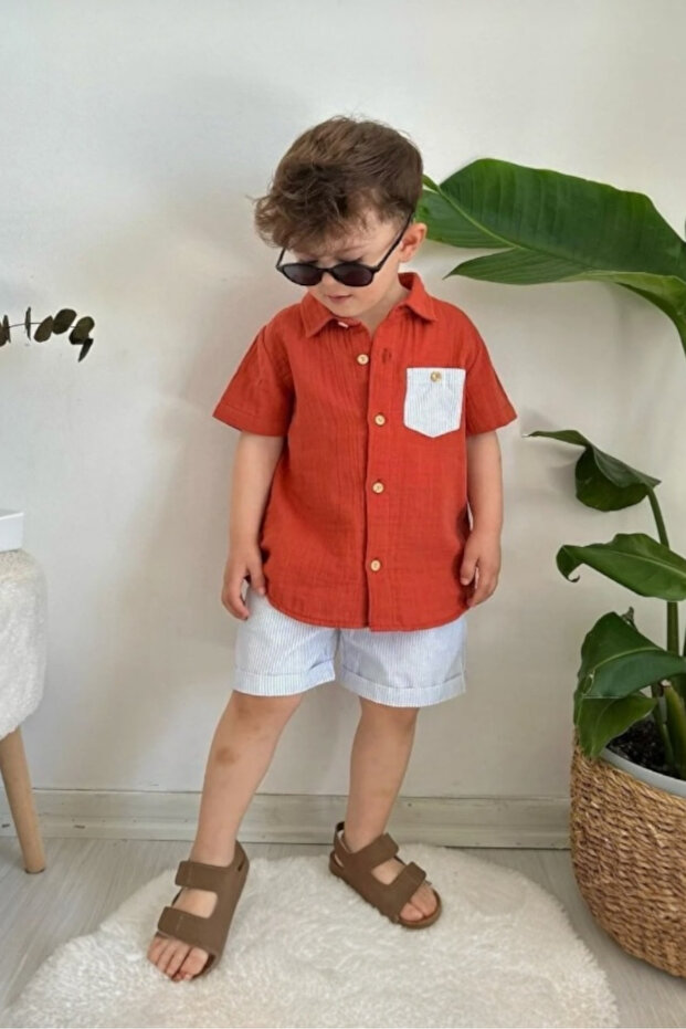 Boys' Summer Suit – Short Sleeve Shirt & Striped Shorts (with Shirt)