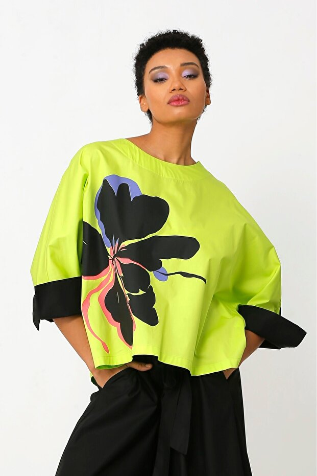 Baskılı Bluz - Limon Yeşili - 2