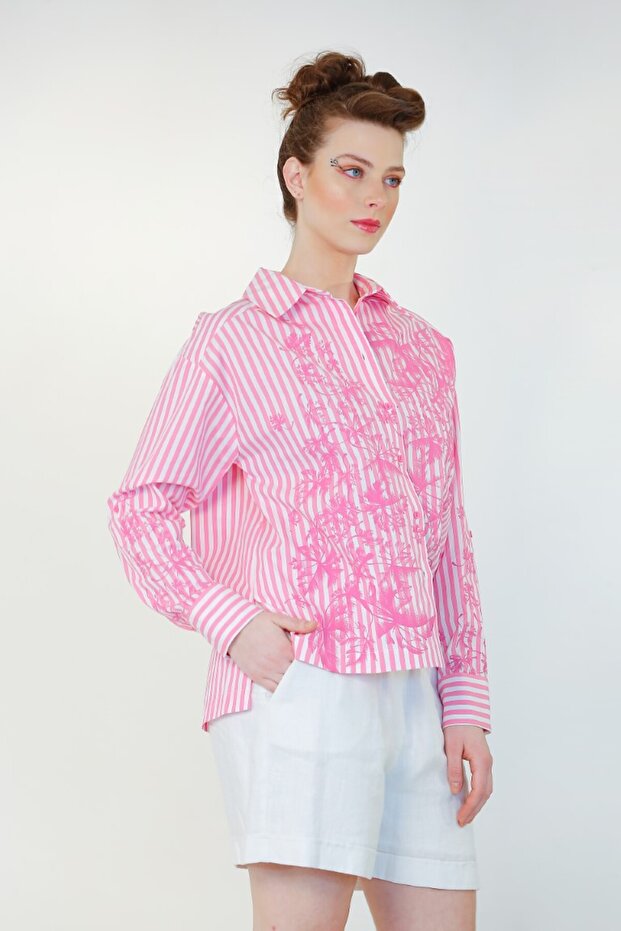 Çizgi Baskılı Gömlek - Pembe - 2