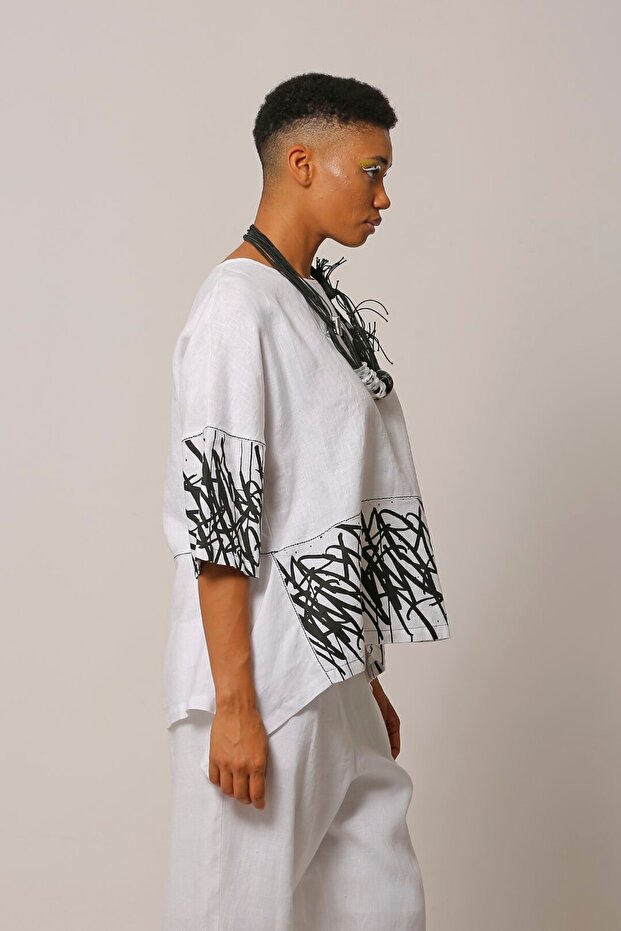 Keten Baskı Bluz - Beyaz - 2