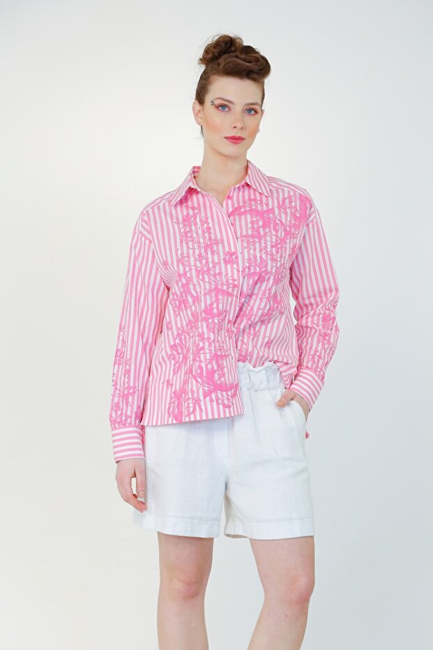 Çizgi Baskılı Gömlek - Pembe - 1