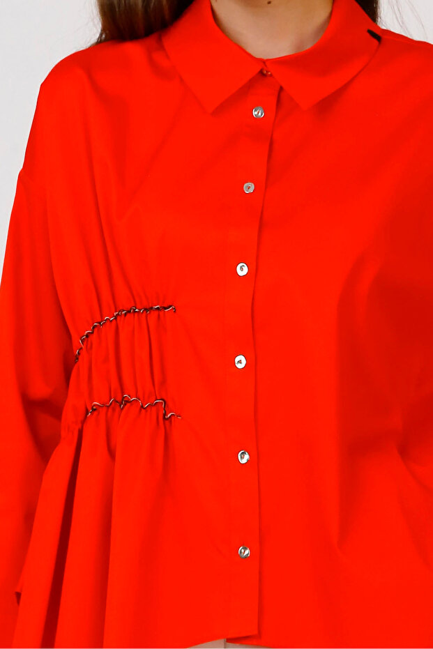 Yanı Büzgülü Gömlek - Mercan - 5