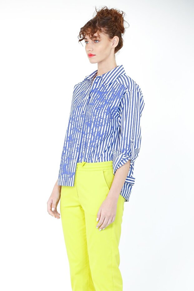 Çizgi Baskılı Gömlek - Lacivert - 4