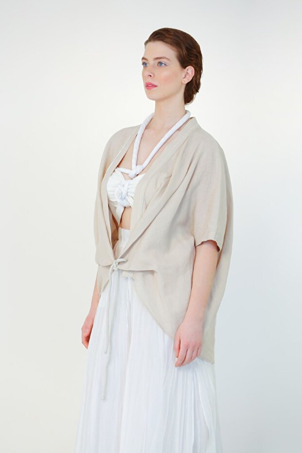 Keten Süs Dikiş Ceket - Bej - 4