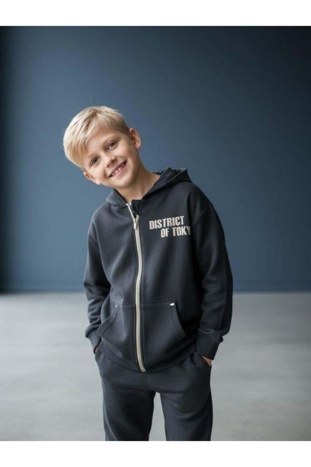 Boy's Cotton Hooded Cardigan Tracksuit Set