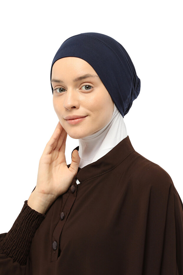 Ready Practical Snap-on Elastic Hijab Bonnet Navy Blue