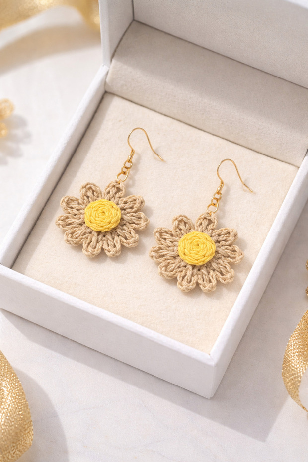 Raffia Hand Knitted Flower Daisy Earrings