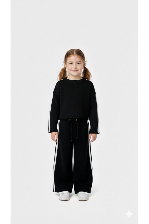 Girl's Knitwear Set, Bottom and Top, Black Color with Side Stripe Detail, 3/7 Years