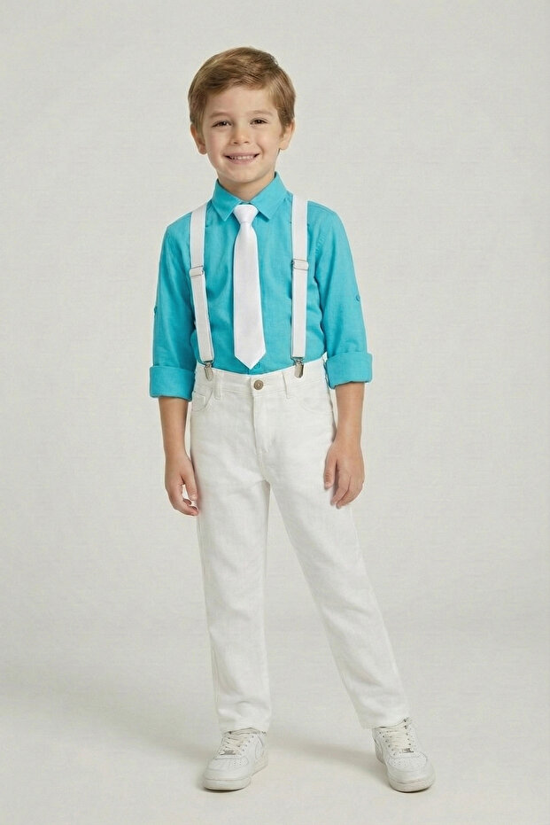 Boy's Turquoise Long Sleeve Shirt White Pants White Suspender Tie Set April 23 October 29