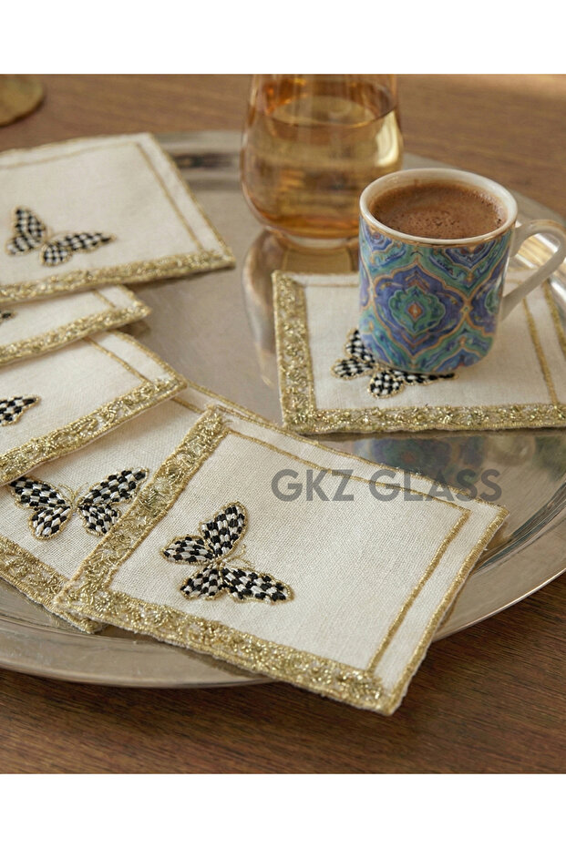 6 Linen Fabric Embroidered Coffee Side Cocktail Napkins & Coasters Serving Napkins