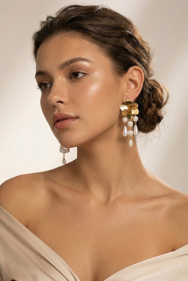 Fenix Gold Flower Figured Pearl Dangle Earrings Bridal Wedding Evening Dress Design