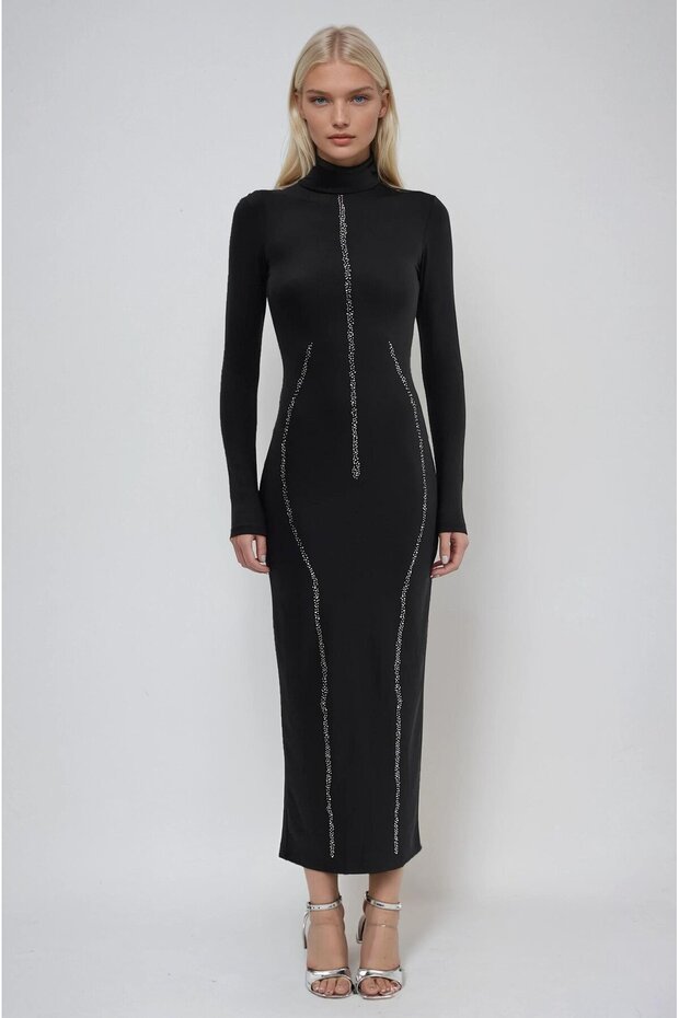 Stone Detailed Turtleneck Long Dress 2980