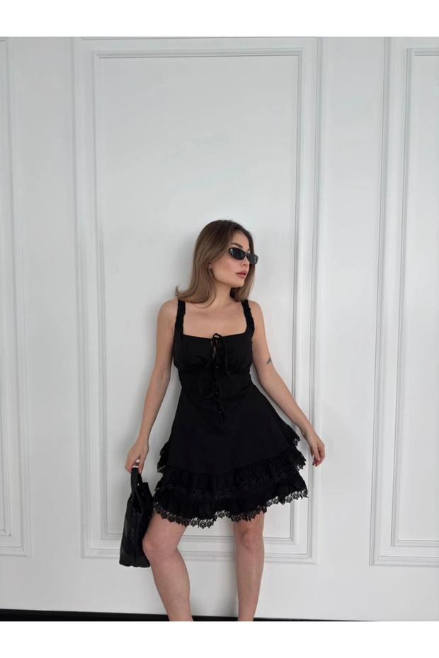 Mini Askılı Elbise - Siyah - 4