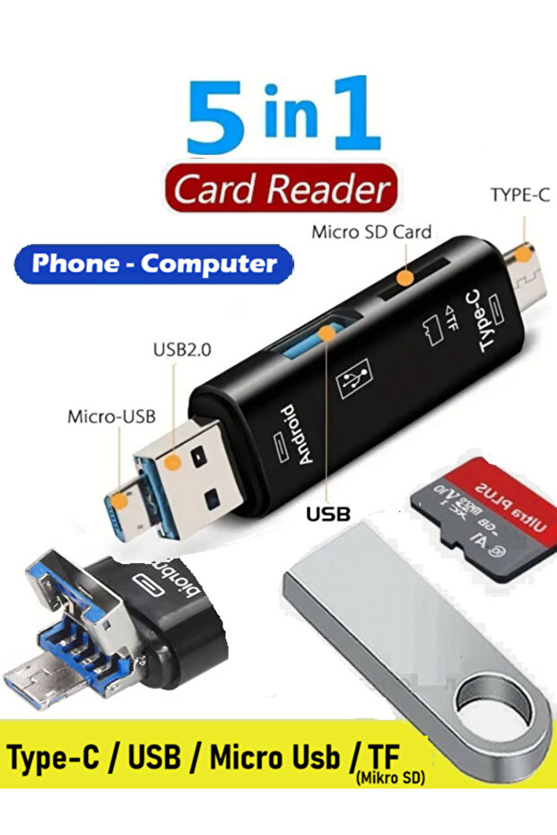 قارئ بطاقات مايكرو SD مع منفذ USB/مايكرو USB/Type C، محول OTG 5 في 1