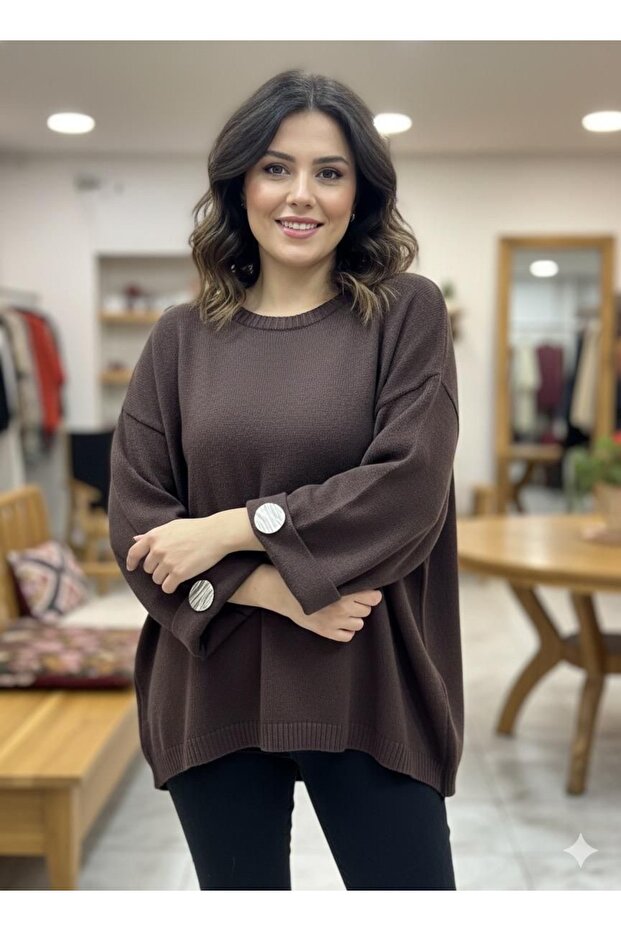 Women's Three-Quarter Sleeve Buttoned Knitwear Italian Sweater