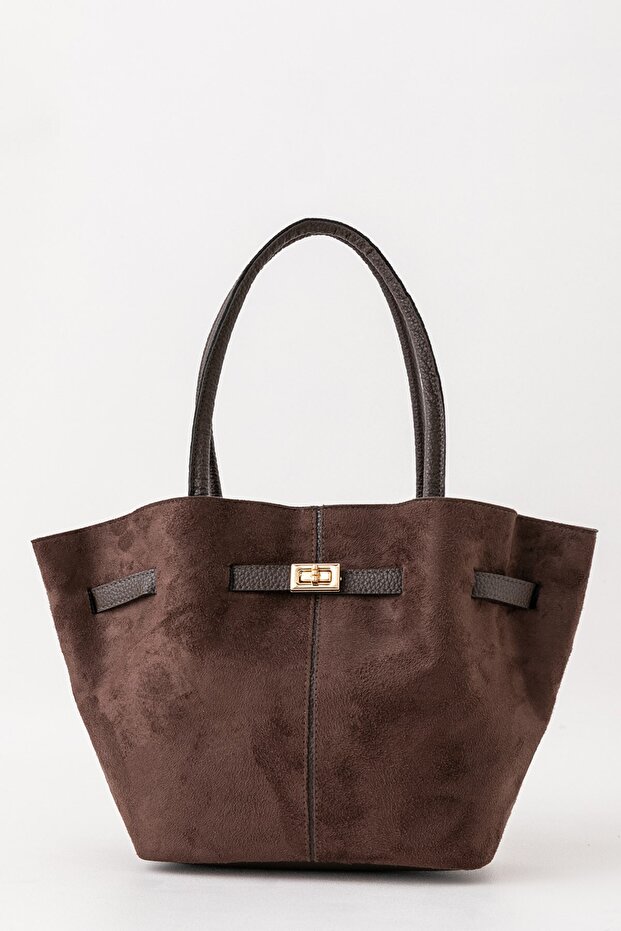 Meet Terra Bitter Brown Suede Look Large Volume Women's Shoulder Bag with Lock Accessory