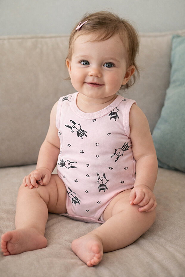 100% Cotton Pink Bottom Snap Fastener Zero Sleeve Starry Rabbit Patterned Baby Bodysuit 0-9 Months
