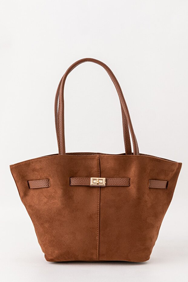 Meet Terra Tan Suede Look Large Volume Women's Shoulder Bag with Lock Accessory