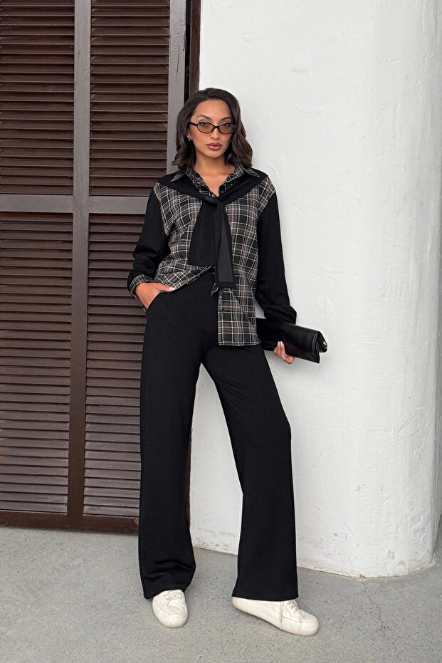 Women's Black Shoulder Tie Plaid Shirt and Trousers 2 Piece Set