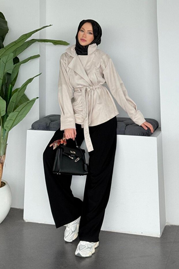 سترة ديزي من جلد الغزال باللون البيج - 2