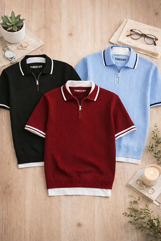 Men's 3-Pack Polo Collar Textured Knit Regular Cotton Multicolor T-Shirt