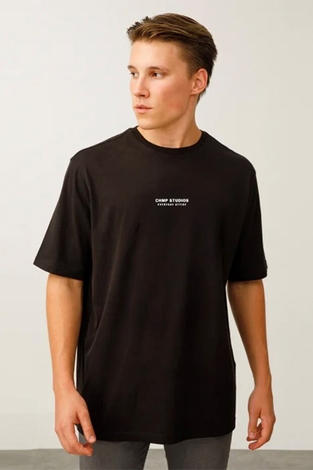 Men's Oversized T-Shirt Chmp Studios Printed Black – Crew Neck, 100% Cotton Compact Single Jersey 24/1