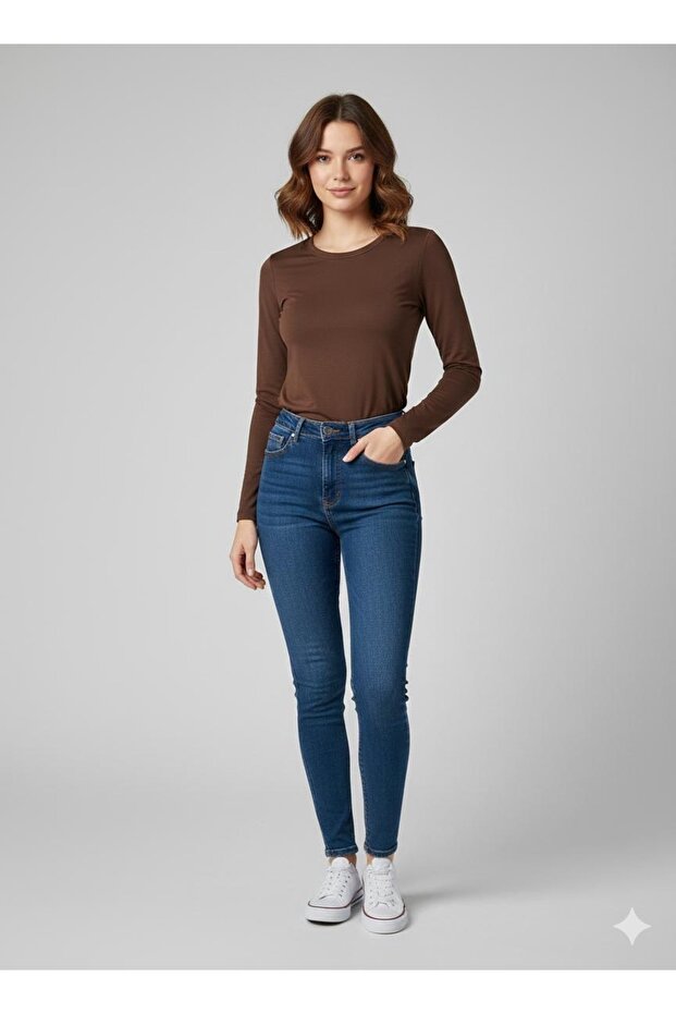 Women's Brown Long-Sleeved Crew Neck Long Viscose Blouse